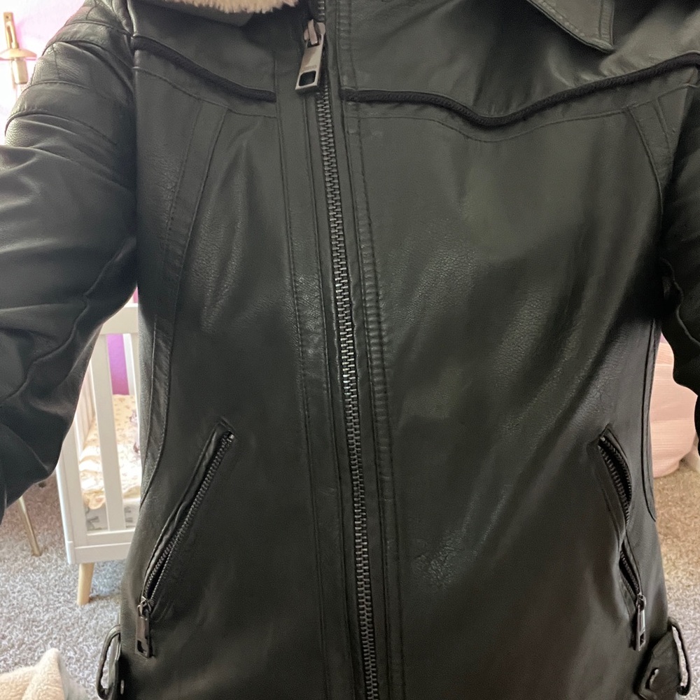 Guess Black Leather Jacket with Floral Lining
